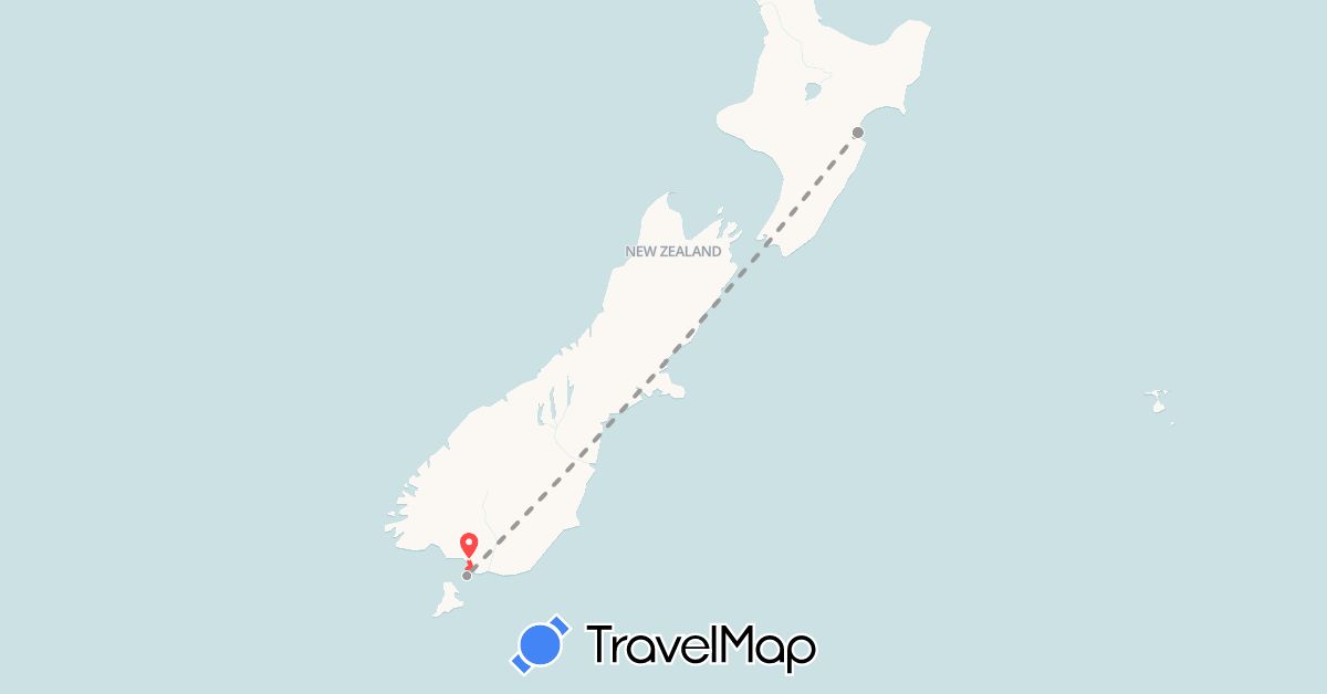 TravelMap itinerary: driving, plane, hiking in New Zealand (Oceania)